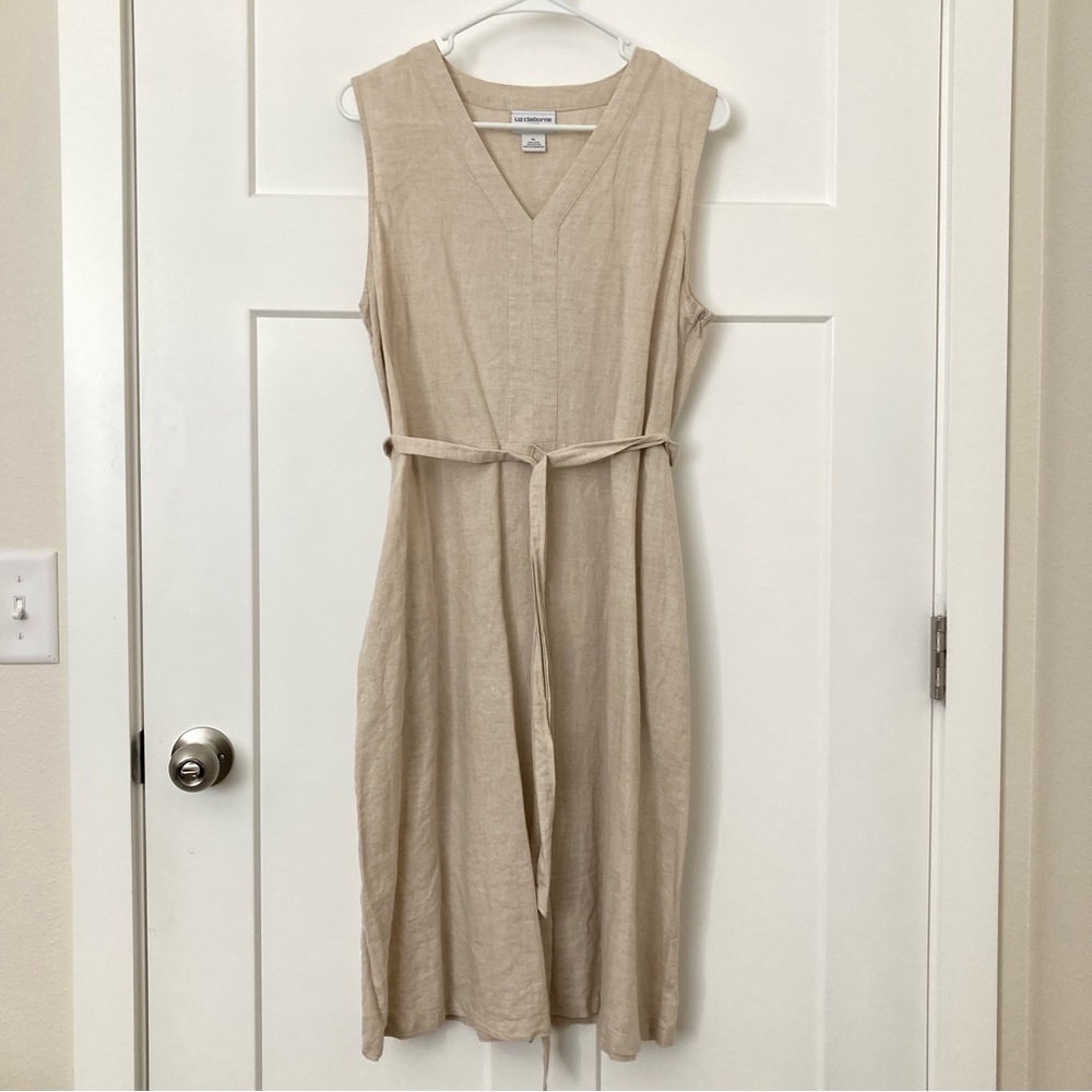 Liz Claiborne Linen Blend Belted Sleeveless Beige Midi Dress Pockets, Like New.